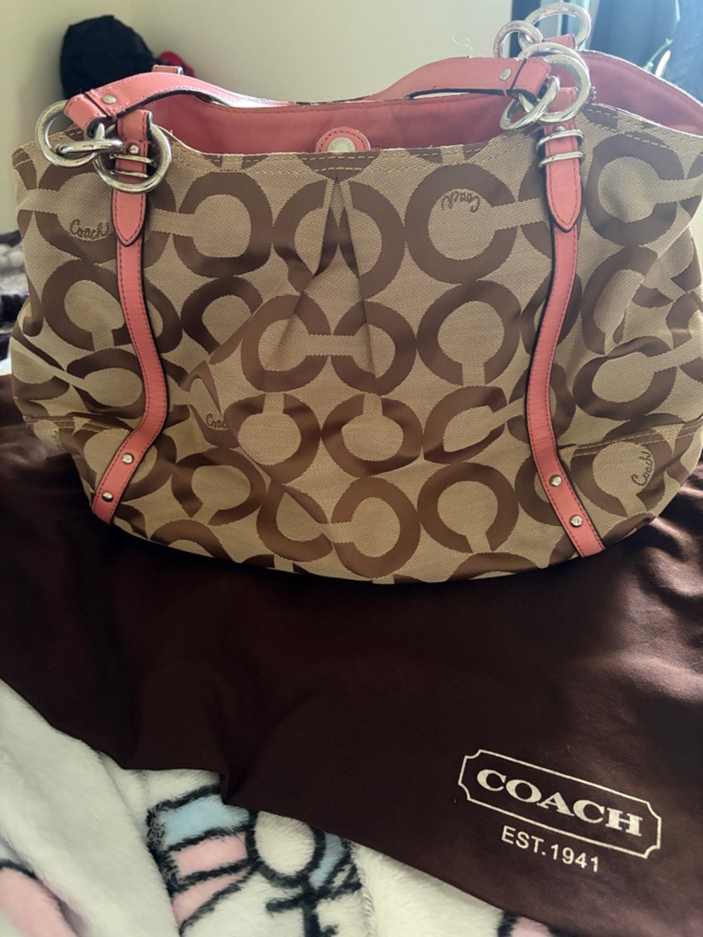 Coach Brown Signature Canvas Tote with Pink Trim